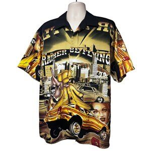 Hip Hop Streetwear Million Guy Vintage All Over Big Graphic Button Up Shirt 2XL